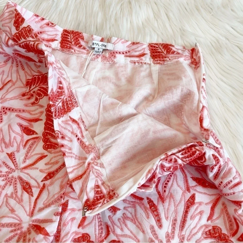 New White and Coral Maia 100% Cotton Embroidered High Waist Shorts